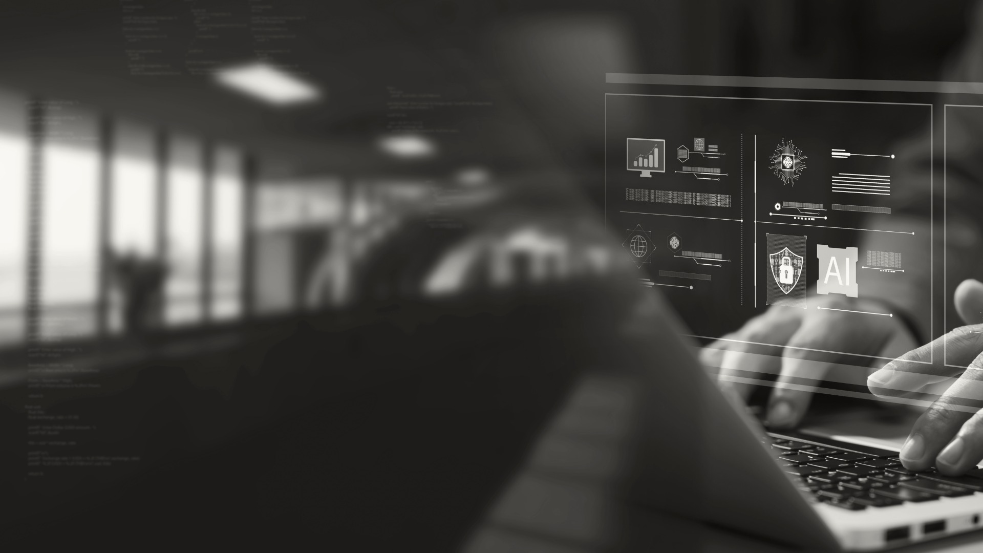 Person typing on laptop with digital security and AI interface overlay